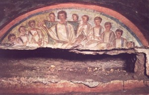 Catacumba Domitilla. Jesús enseña a los Apóstoles. Roma inicio siglo IV.