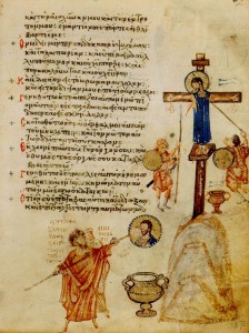 Miniatura bizantina IX sec. (857-865), Salterio di Chludov (MoscaMusStor)Salterio de Chludov. Folio 67. "En mi comida me echaron hiel, para mi sed me dieron vinagre" (Salmo 68, 22). Abajo un inconoclasta está tapando con cal un icono de Cristo.