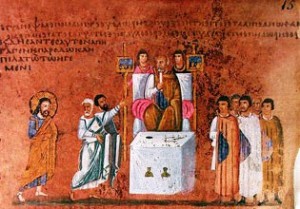 Codex Purpureus Rossanensis. Gesù davanti a Pilato; si notino i ritratti delle autorità imperiali e il ricordo della loro funzione pubblica. P. Orlando.