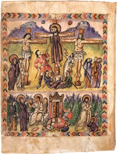 Codice Rabbùlàa (Firenze), Edessa  VI sec. la crocifissione e la risurrezione di Gesù Cristo, Biblioteca Medicea Laurenziana, Firenze. Il testo dei Vangeli in lingua siriaca, compilato probabilmente nel 586, è l’Cfr. 30giorni.it