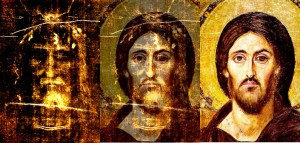1 Tríptico del Santo Sudario de Turín. 2. Superposición con el del Sinaí. 3 Pantocrator del Sinaí.  Esta imagen se ha obtenido colocando una transparencia de alto contraste sobre el icono de Cristo Pantocrator.