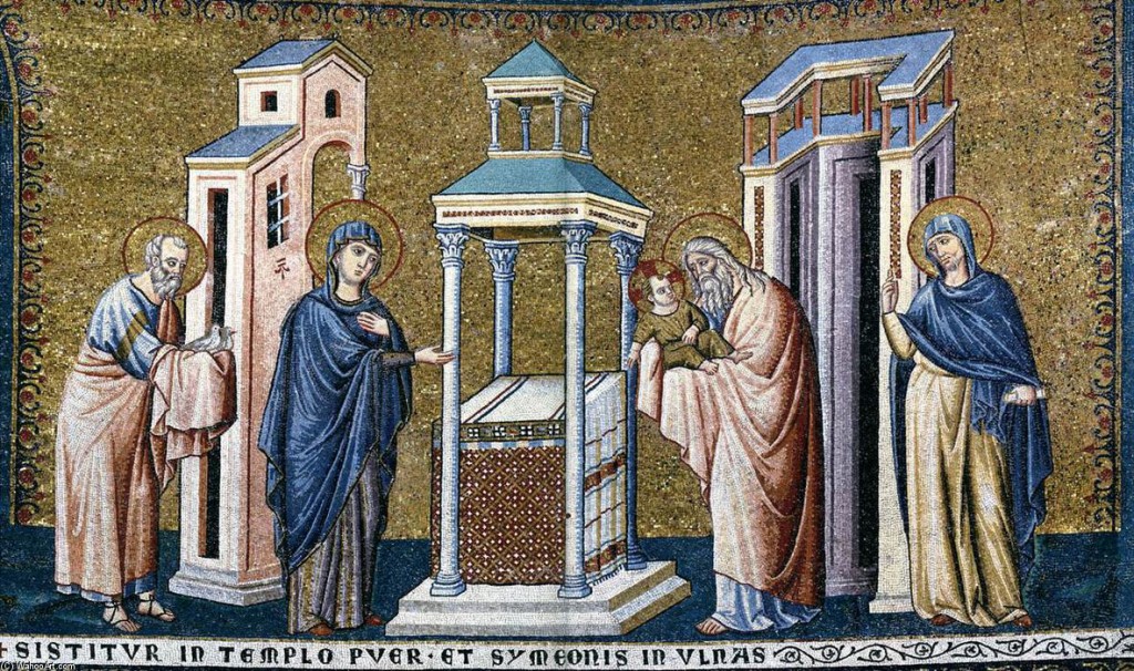 La Presentación del Señor en el Templo. Mosaico de Pietro Cavallini en la Basílica de Santa Mar´pia de Trastevere, Roma.